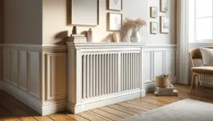 A wide image of a chic white wooden radiator cover with a flat front panel in a cozy domestic setting 1